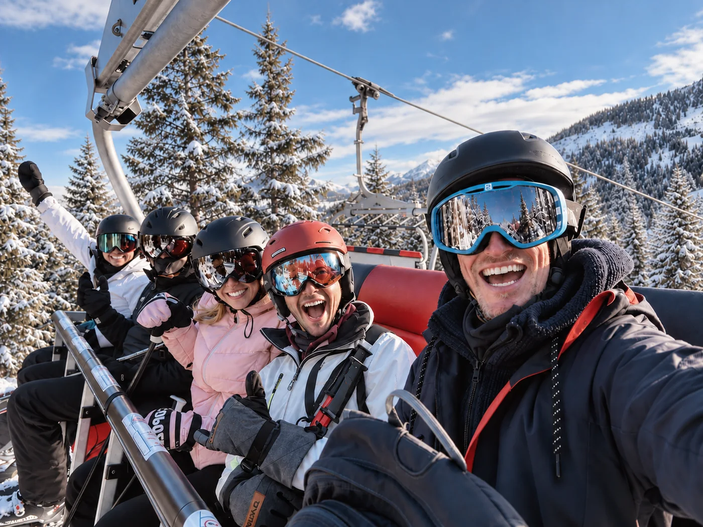 Friends taking a selfie on a chairlift in winter