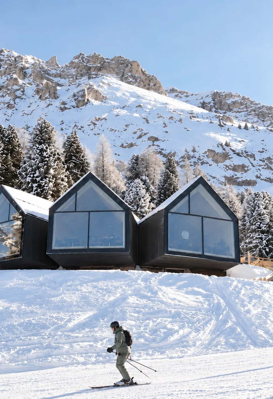 Mountain huts and a skier in the Dolomites