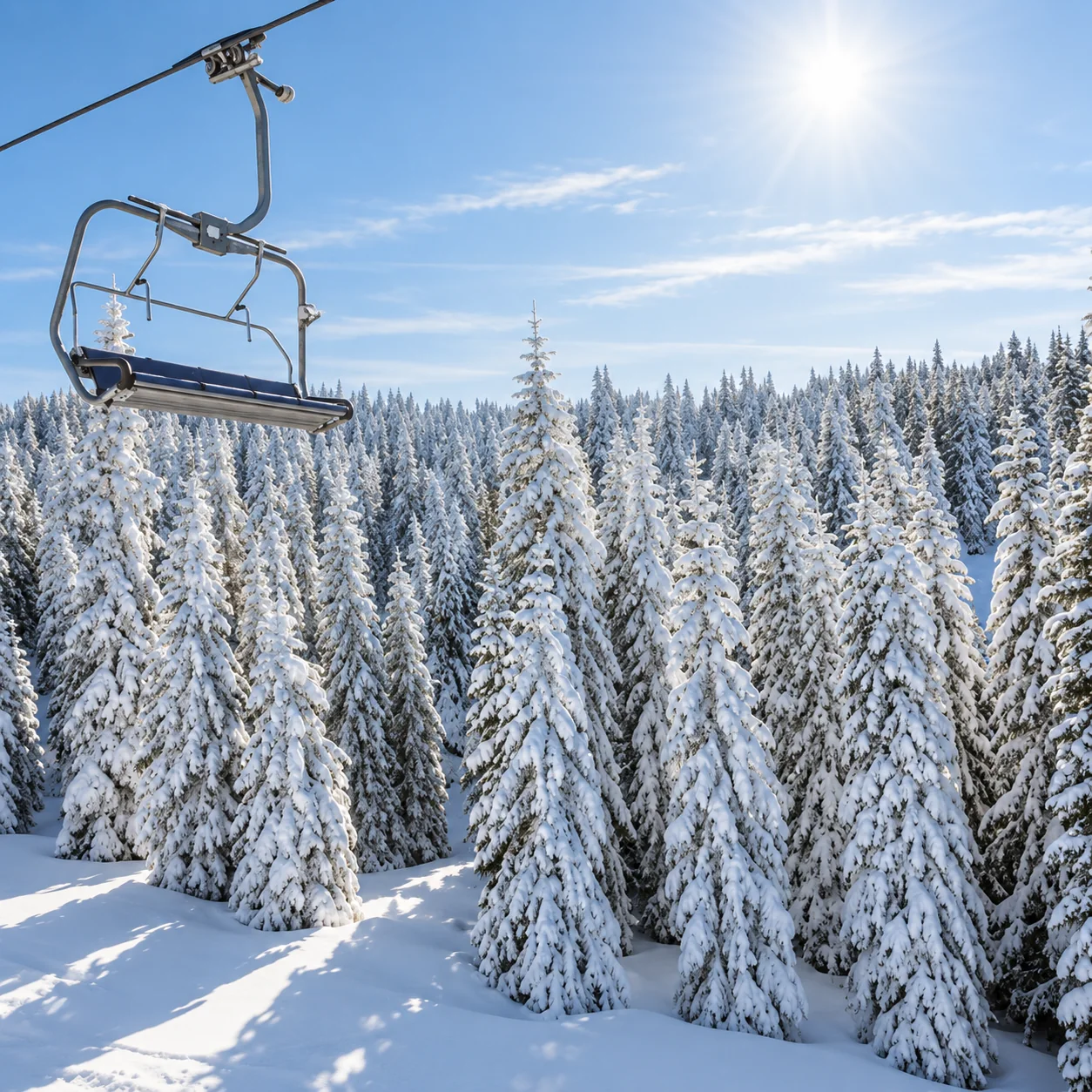Snowy trees and a chairlift