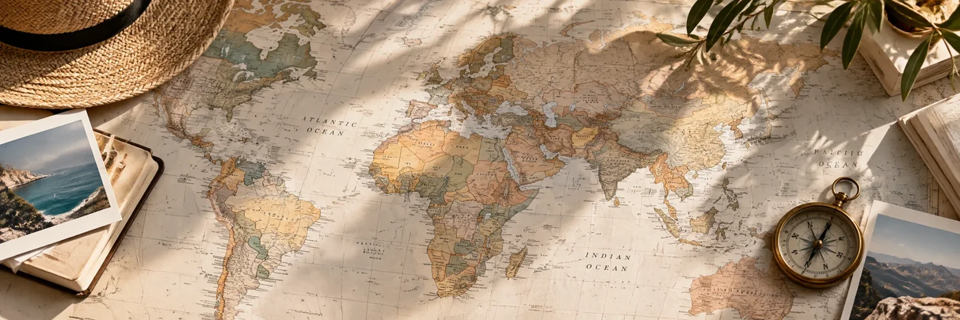 Vintage world map with travel details